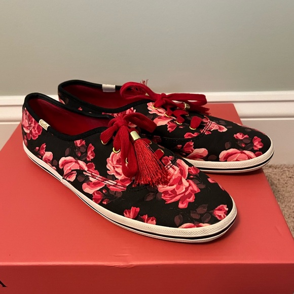 Kate Spade Keds Red Rose Black Canvas Sneakers Tennis Shoes Size 8 - Picture 11 of 11